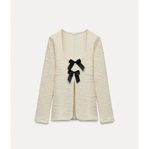 Zara Womens Sweater Bows M Medium Ivory Textured Long Sleeve 5039/153 NWOT - Picture 3 of 10